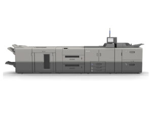 A large printer is shown with the door open.