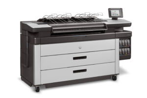 A large printer with two drawers and a touch screen.