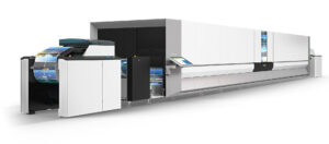 A large printer is shown with its doors open.